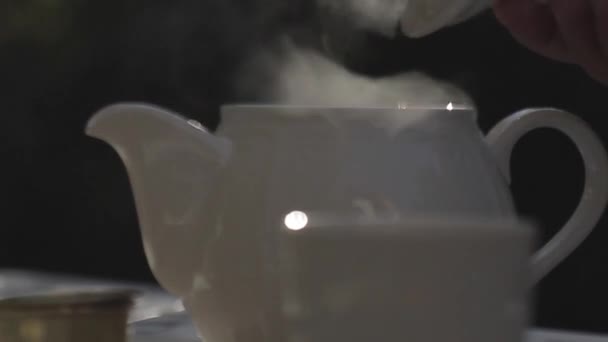 Tee in einer weißen Teekanne — Stockvideo