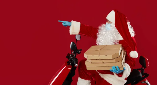 Père Noël Âgé Dans Masque Protecteur Gants Sur Une Moto — Photo