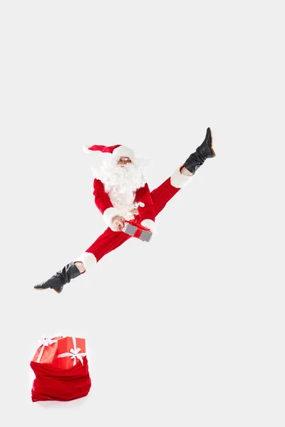 Joyful Santa Claus Jumps High Dances Happiness Gifts White Background — Stock Photo, Image