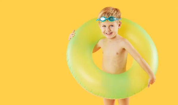 Portrait Smiling Happy Child Boy Swimming Goggles Neon Inflatable Rubber — Stock Photo, Image