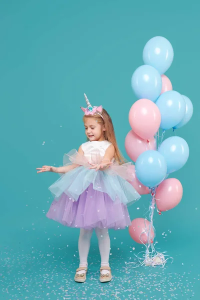 Unicorn Girl Joyful Child Girl Elegant Tulle Dress Unicorn Headband — Stock Photo, Image