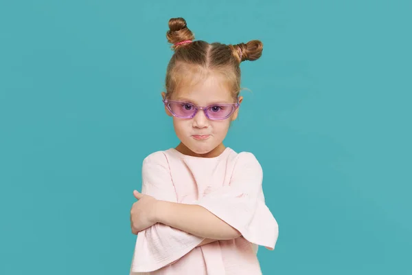 Portrait Upset Child Girl Stylish Sunglasses Blue Background Funny Face — Stock Photo, Image