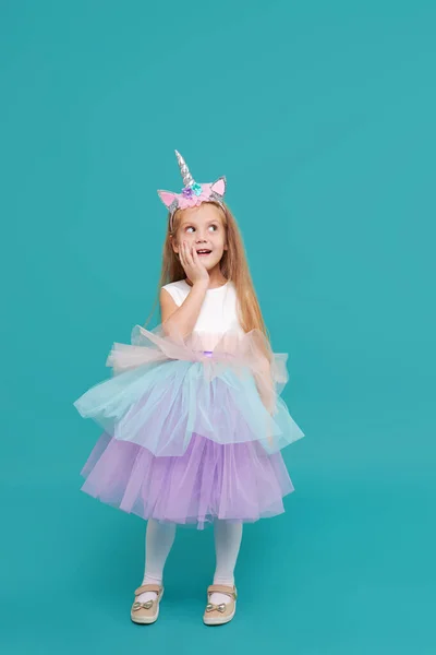Unicorn Girl Funny Face Cute Child Girl Elegant Tulle Dress — Stock Photo, Image