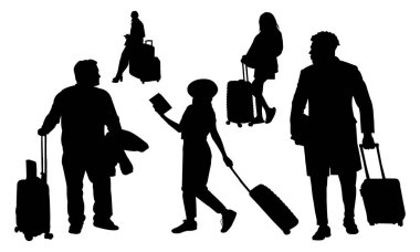Yuvarlanan çanta ve bavul taşıyan yolcu siluetleri koleksiyonu. Terminalde bavullarla yürüyen gezginler. Bir grup turist tatilde. İzole edilmiş erkek ve kadın vektör kümesi