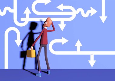 Difficult choice of a modern person in business. 3d illustration, a person is looking for a shortcut in a variety of pointers. clipart