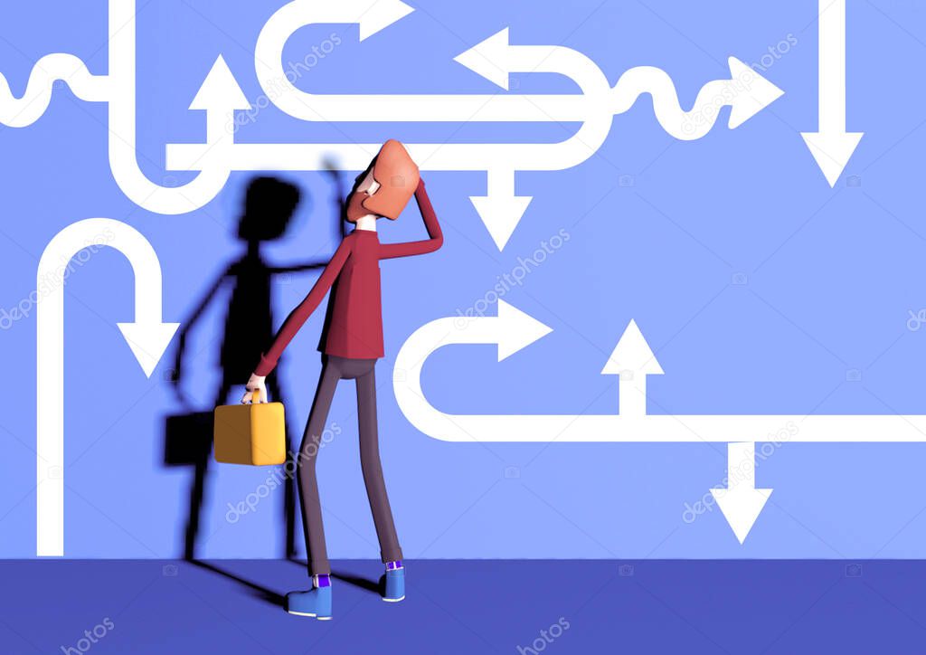 Difficult choice of a modern person in business. 3d illustration, a person is looking for a shortcut in a variety of pointers.