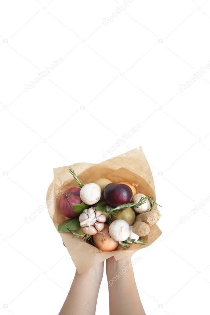 bouquet colors hand fruits vegatables background bank