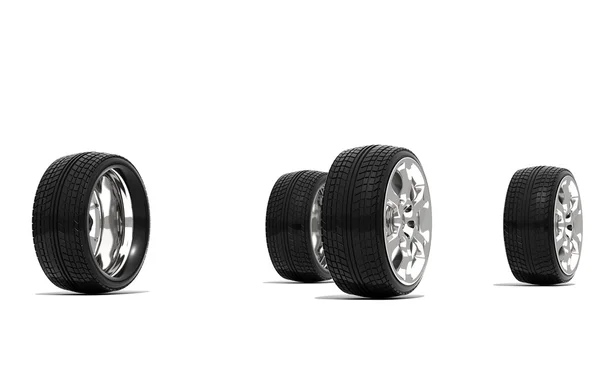 Автомобільні колеса на білому тлі - 3d ілюстрація — стокове фото