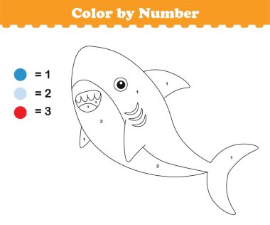 Rakamlara göre renk. Çocuklar için boyama sayfası. Şirin köpekbalıklarıyla boyama. Vektör illüstrasyonu