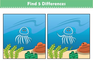 Komik çizgi film hayvanları. 5 farklılık bul. Çocuk Eğitim Oyunları. Çizgi film vektör illüstrasyonu