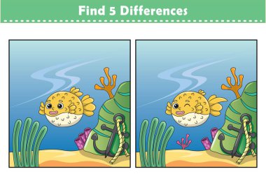 Komik çizgi film hayvanları. 5 farklılık bul. Çocuk Eğitim Oyunları. Çizgi film vektör illüstrasyonu