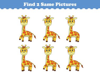 Komik çizgi film hayvanları. Aynı iki resmi bul. Çocuklar için eğitici bir oyun. Çizgi film vektör illüstrasyonu