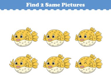 Komik çizgi film hayvanları. Aynı iki resmi bul. Çocuklar için eğitici bir oyun. Çizgi film vektör illüstrasyonu