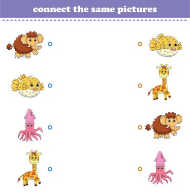 Çocuklar için eğitim oyunu, basılabilir sevimli vahşi hayvan çizgi filmlerinin aynı resmini birleştirir. Vektör İllüstrasyonu