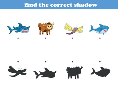 Garip vahşi hayat çizgi filmi. Doğru gölgeyi bul. Çocuk Eğitim Oyunları. Çizgi film vektör illüstrasyonu