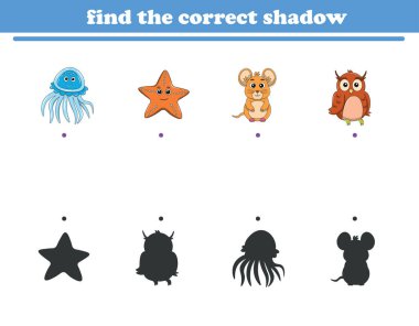 Garip vahşi hayat çizgi filmi. Doğru gölgeyi bul. Çocuk Eğitim Oyunları. Çizgi film vektör illüstrasyonu
