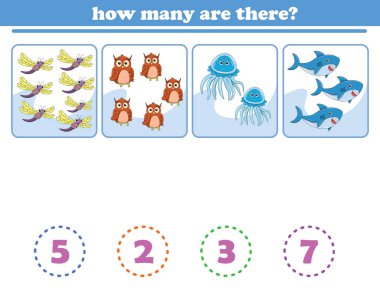 Anaokulu çocukları için vahşi hayvan oyunu sayıyorum. Basılabilir. Vektör İllüstrasyonu