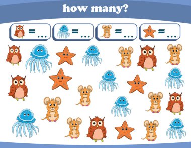 Anaokulu çocukları için vahşi hayvan oyunu sayıyorum. Basılabilir. Vektör İllüstrasyonu