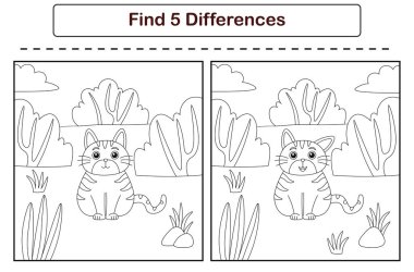 Komik çizgi film hayvanları. 5 farklılık bul. Çocuk Eğitim Oyunları. Çizgi film vektör illüstrasyonu