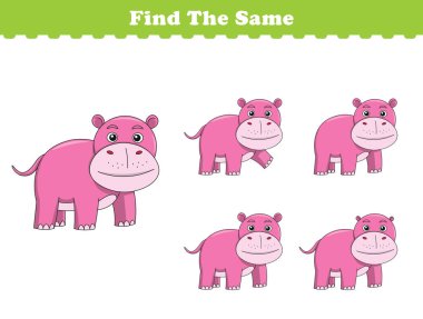 Komik çizgi film hayvanları. Aynı fotoğrafları bul. Çocuklar için eğitici bir oyun. Çizgi film vektör illüstrasyonu