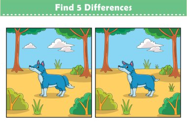 Komik çizgi film hayvanları. 5 farklılık bul. Çocuk Eğitim Oyunları. Çizgi film vektör illüstrasyonu