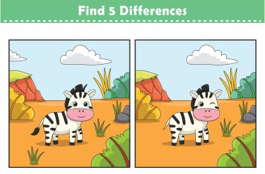 Komik çizgi film hayvanları. 5 farklılık bul. Çocuk Eğitim Oyunları. Çizgi film vektör illüstrasyonu