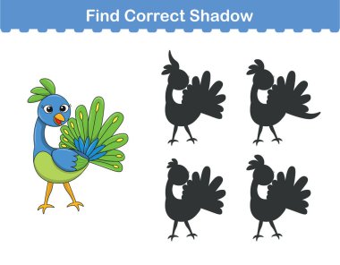 Komik çizgi film hayvanları. Doğru gölgeyi bul. Çocuk Eğitim Oyunları. Çizgi film vektör illüstrasyonu