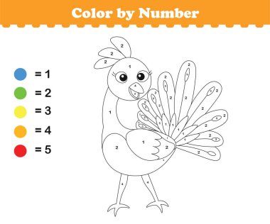 Rakamlara göre renk. Çocuklar için boyama sayfası. Sevimli hayvanlarla boyama. Vektör illüstrasyonu