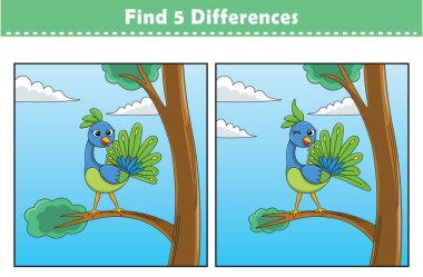 Komik çizgi film hayvanları. 5 farklılık bul. Çocuk Eğitim Oyunları. Çizgi film vektör illüstrasyonu