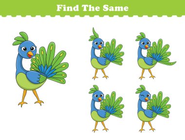 Komik çizgi film hayvanları. Aynı fotoğrafları bul. Çocuklar için eğitici bir oyun. Çizgi film vektör illüstrasyonu