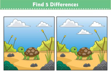 Komik çizgi film hayvanları. 5 farklılık bul. Çocuk Eğitim Oyunları. Çizgi film vektör illüstrasyonu