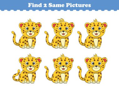 Komik çizgi film hayvanları. Aynı iki resmi bul. Çocuklar için eğitici bir oyun. Çizgi film vektör illüstrasyonu