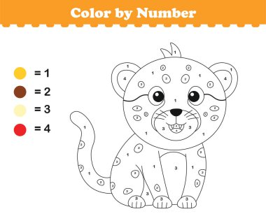 Rakamlara göre renk. Çocuklar için boyama sayfası. Sevimli hayvanlarla boyama. Vektör illüstrasyonu