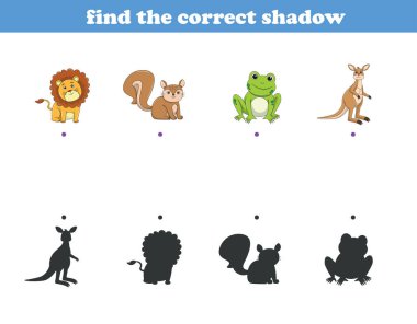 Garip vahşi hayat çizgi filmi. Doğru gölgeyi bul. Çocuk Eğitim Oyunları. Çizgi film vektör illüstrasyonu