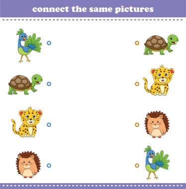 Çocuklar için eğitim oyunu, basılabilir sevimli vahşi hayvan çizgi filmlerinin aynı resmini birleştirir. Vektör İllüstrasyonu