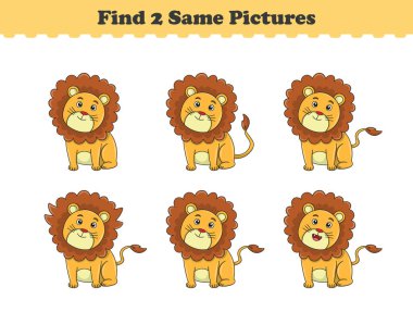 Komik çizgi film hayvanları. Aynı iki resmi bul. Çocuklar için eğitici bir oyun. Çizgi film vektör illüstrasyonu