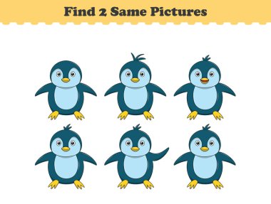 Komik çizgi film hayvanları. Aynı iki resmi bul. Çocuklar için eğitici bir oyun. Çizgi film vektör illüstrasyonu