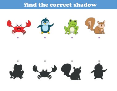 Garip vahşi hayat çizgi filmi. Doğru gölgeyi bul. Çocuk Eğitim Oyunları. Çizgi film vektör illüstrasyonu