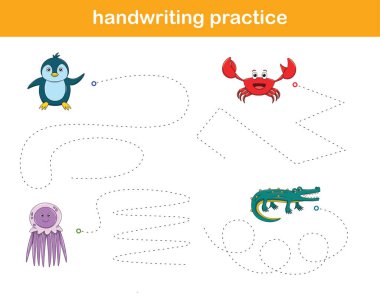 El yazısı pratiği. Hayvanlı çocuklar için iz sürme hattı. Vektör İllüstrasyonu