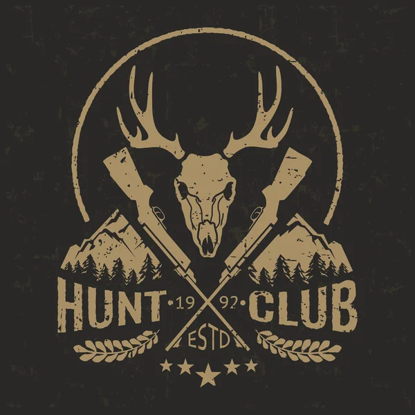 Διάνυσμα έμβλημα club κυνηγιού με υφή και το ορεινό τοπίο grunge. — Διανυσματικό Αρχείο