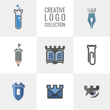 Logo yaratıcı koleksiyonu. Kale, kale vektör logo kümesi. İşiniz için logo.
