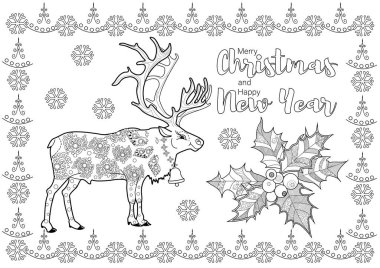 Antistress coloring picture. Coloring page features Santa's reindeer. The outline drawing can easily be colored with crayons to create a vibrant card.