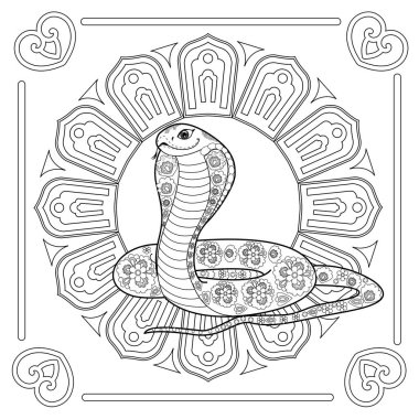 Sanat Terapisi Renk Sayfaları. Asyalı hayvanların yer aldığı bir dizi çizim. Zodiac işareti, yılan. Kendi Yeni Yıl tebrik kartınızı oluşturun.