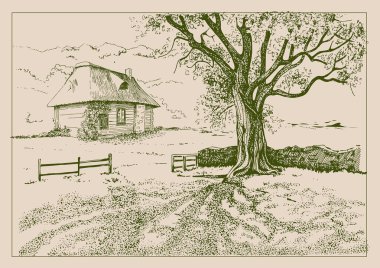 Kırsal alan, ağaç ve dere. El çizimi vektöre çevrildi.