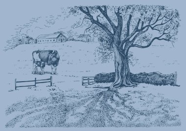 Kırsal alan, ağaç ve dere. El çizimi vektöre çevrildi.