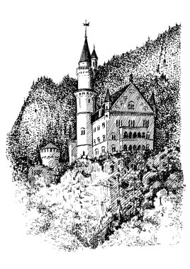Neuschwanstein Kalesi eşsiz bir sanat eseridir. Resim, el yapımı kalem ve mürekkeple yapılmış. Çizim vektör çizimine çevrildi.
