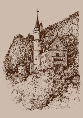 Neuschwanstein Kalesi eşsiz bir sanat eseridir. Resim, el yapımı kalem ve mürekkeple yapılmış. Çizim vektör çizimine çevrildi.