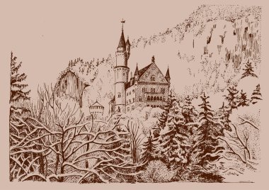 Neuschwanstein Kalesi eşsiz bir sanat eseridir. Resim, el yapımı kalem ve mürekkeple yapılmış. Çizim vektör çizimine çevrildi.