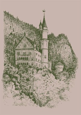 Neuschwanstein Kalesi eşsiz bir sanat eseridir. Resim, el yapımı kalem ve mürekkeple yapılmış. Çizim vektör çizimine çevrildi.