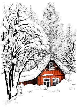 Noel hissi veren bir kış manzarası. Çizim, çizim ya da oyma şeklinde yapılır. Tebrik kartı olarak kullanılabilir..